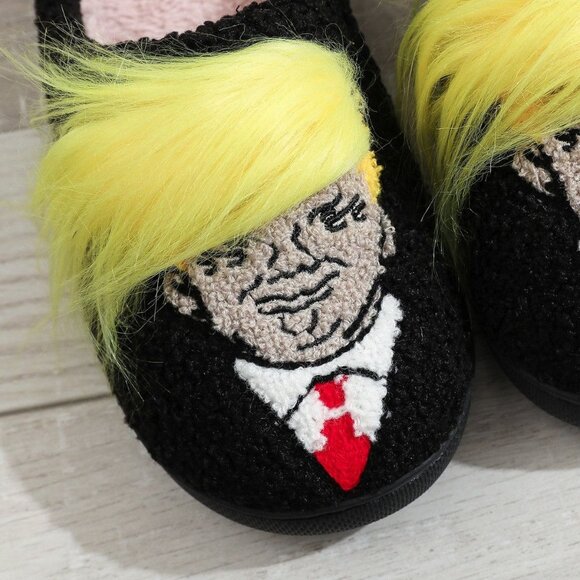 NEW Trump Size 7 Black Yellow Hair Lounging Slippers - Picture 9 of 12